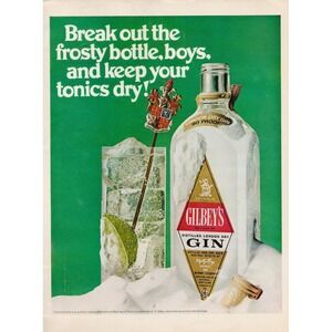 1969 Gilbeys Gin Vintage Print Ad London Dry Cocktail Tonic Lime Retro Bar Decor